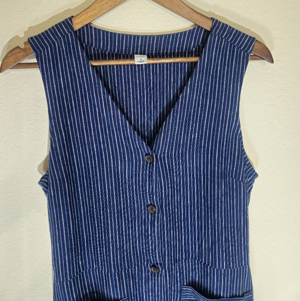 Old Navy Linen Blend Dress Womens Medium Blue White Nautical Stripe Patch Pocket - Picture 7 of 10